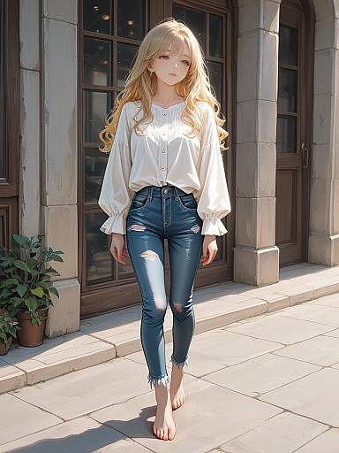 Casual Chic Woman in Distressed Jeans and White Shirt