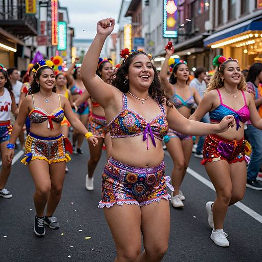 Photograph of joyful Latina women in colorful, patterned, tie-dye bikinis and shorts, dancing in a vibrant, neon-lit urban street