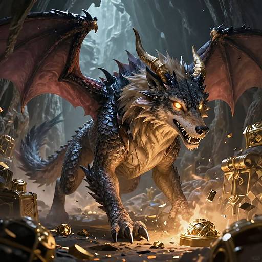 Digital art of a fierce, black-scaled dragon with glowing orange eyes and red wings, roaring amidst a treasure-filled cave illuminated by fire.