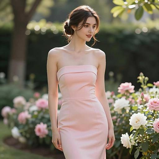 Woman in Strapless Pink Dress in Garden