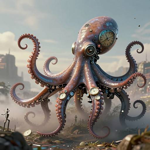 Photorealistic CGI of a steampunk octopus with clock faces on its head and tentacles, surrounded by foggy, post-apocalyptic city