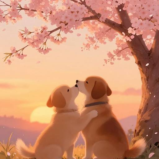 Digital illustration of two adorable, fluffy dogs, one golden and one brown, sitting under a pink cherry blossom tree at sunset, noses touching, with a