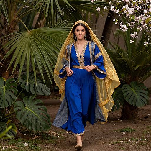 Photograph of a woman with fair skin and dark hair, wearing a blue embroidered traditional dress and yellow veil, walking through a lush garden with palm leaves