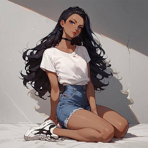 Stylish Dark-Skinned Girl with Long Black Hair