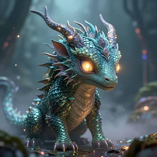 Digital artwork of a glowing, blue-scaled, dragon-like creature with sharp horns, fiery eyes, and shimmering scales in a mystical forest.