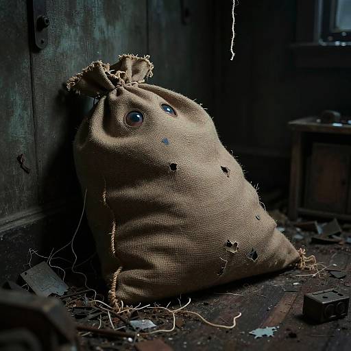 Photograph of a worn, burlap sack with blue buttons, sitting on a dirty, wooden floor in a dark, dimly-lit room