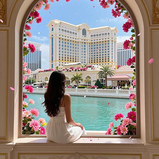 Photograph of a woman with long dark hair in a white dress, sitting on a ledge, viewing a luxurious casino hotel with a turquoise pool and pink