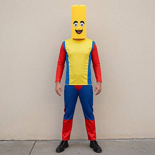 Photograph of a person in a bright yellow, smiling mask costume with red sleeves, blue sides, and red pants, standing against a plain white wall