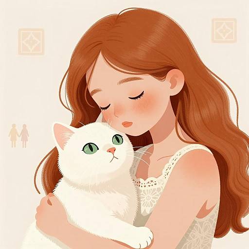 Girl Hugging White Cat Illustration