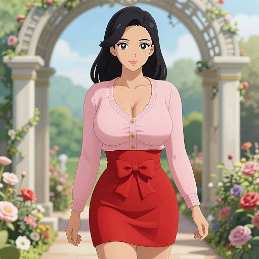Anime-style digital drawing of a curvy woman with large breasts, black hair, pink cardigan, and red skirt, walking through a sunny garden arch