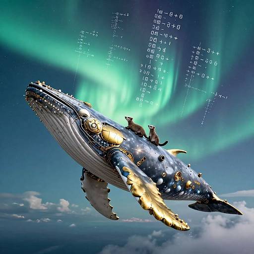 Digital artwork of a futuristic, glowing blue whale with two cats riding it, soaring through a night sky with vibrant green auroras and floating binary code.