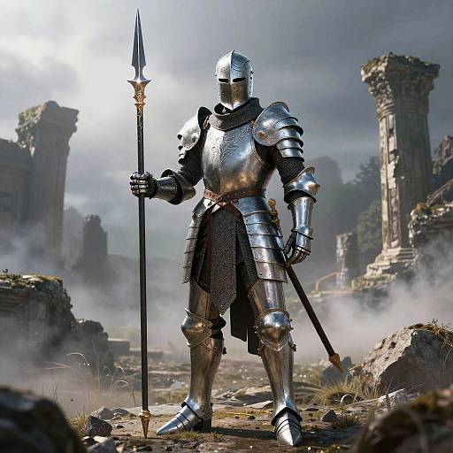 Fantasy Spearman in Ornate Silver Armor