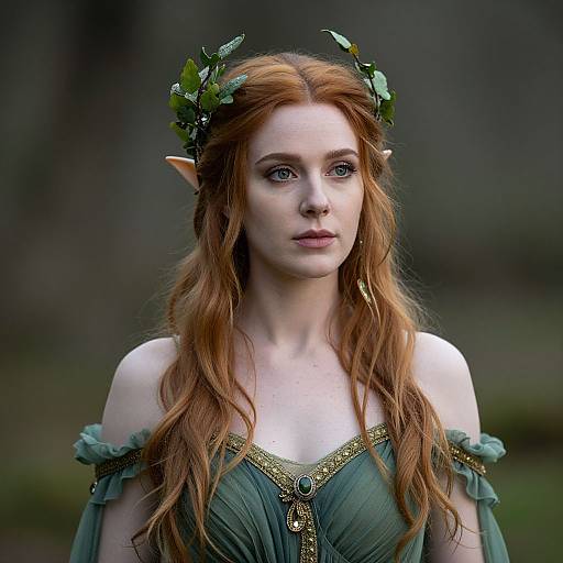 Photograph of a fair-skinned, red-haired elf woman with pointed ears, wearing a green off-shoulder dress adorned with gold, and a