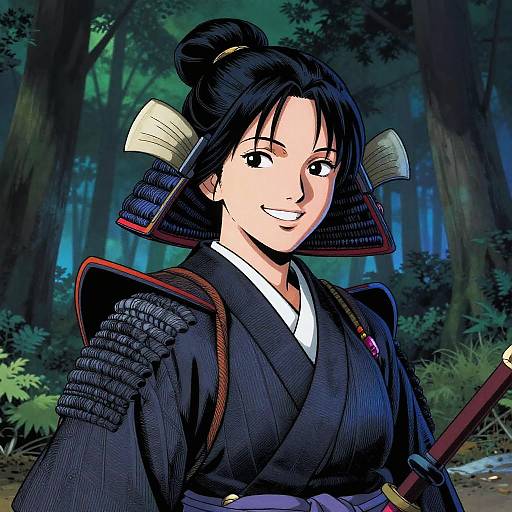 Smiling Female Samurai in Neon Forest