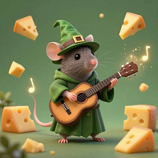 Digital illustration of a cute, gray mouse in a green wizard hat and cloak, playing a magical ukulele surrounded by floating cheese and musical notes against
