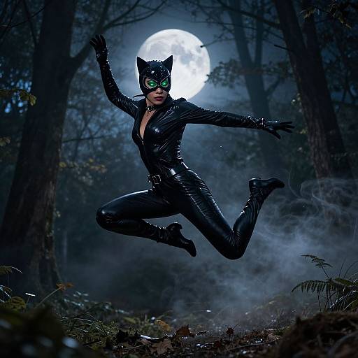 CGI image of a female catwoman in a black latex suit and mask, leaping through a misty forest at night with a full moon in