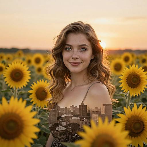 Photograph of a smiling, wavy-haired woman with fair skin, wearing a cityscape-patterned dress, standing in a sunlit sunflower field