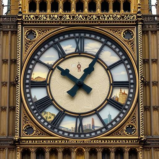 Photograph of Big Ben's clock face, featuring ornate gold detailing, black Roman numerals, and reflection of London landmarks.