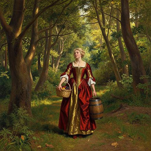 Photograph of a fair-skinned woman in a red and gold Renaissance-style dress, holding a basket and wooden barrel, walking through a sunlit forest