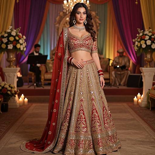 Photograph of a beautiful South Asian woman in a red and gold embroidered traditional lehenga and dupatta, standing in an ornately decorated room with colorful