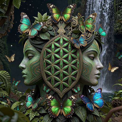 Photograph of a green-faced, ornate mask adorned with intricate patterns, surrounded by vibrant blue and green butterflies, with a waterfall in the background.