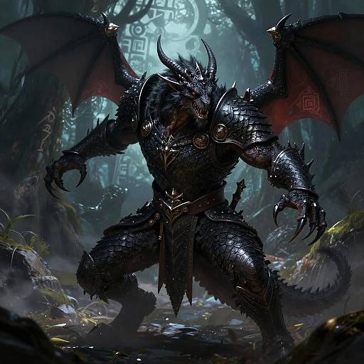 Digital fantasy artwork of a muscular, black-scaled, horned demon with red wings, clad in spiked armor, standing in a dark, mystical forest