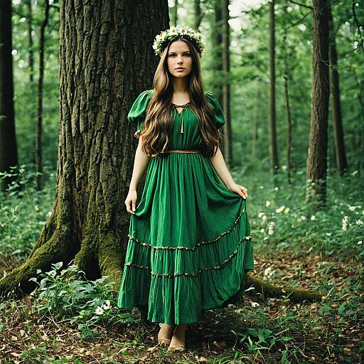 Woman in Green Dress with Floral Wreath in Forest