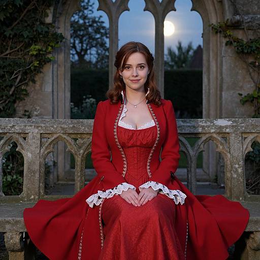 Photograph of a young woman with fair skin and brown hair, wearing a red, lace-trimmed Renaissance-style dress, seated on a stone bench