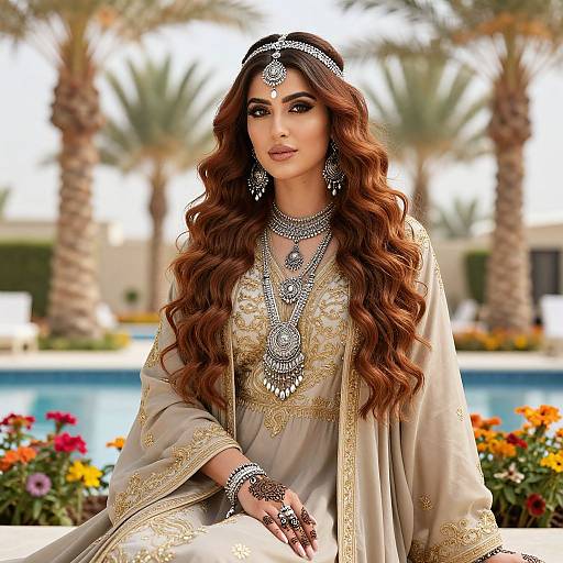 Photograph of a beautiful South Asian woman with long, wavy brown hair, wearing an ornate traditional beige dress, intricate jewelry, and headpiece