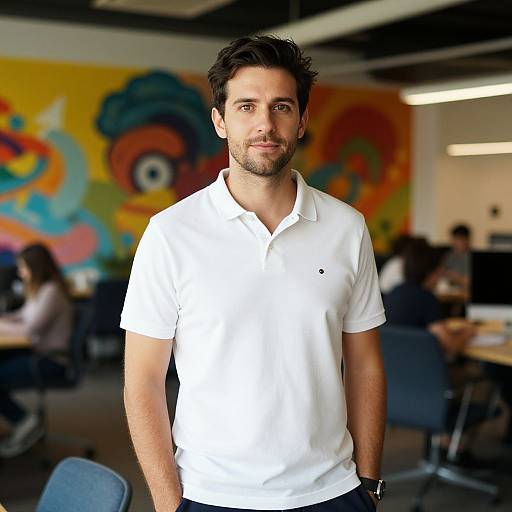 Photograph of a handsome, bearded man with dark hair, wearing a white polo shirt, standing in a colorful, modern office with vibrant mural background