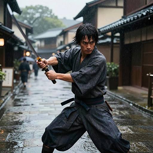 Samurai swinging sword in rainy Edo street