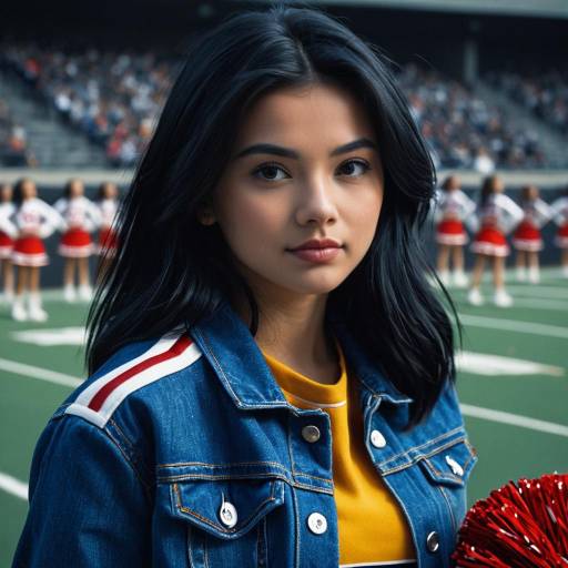 Teen Cheerleader in Denim Jacket on Field