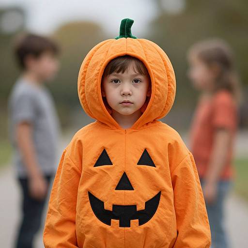 Photograph of a young boy in an orange pumpkin costume with a jack-o'-lantern face, standing on a blurred park path with two other children