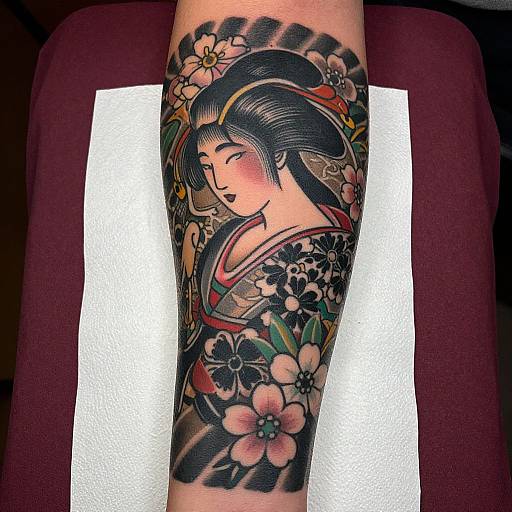 Tattoo of a traditional Japanese geisha with black hair, floral patterns, and red accents on a forearm, placed on a white tissue paper.