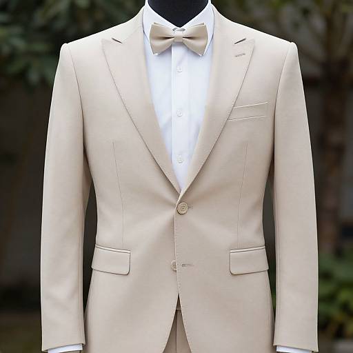 Photograph of a beige suit with a white dress shirt and matching bow tie, displayed against a blurred green outdoor background.