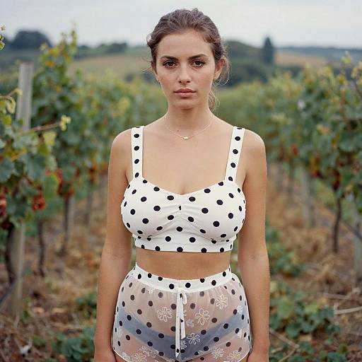 Photograph of a young woman with light skin, brown hair in a bun, wearing a white polka dot crop top and sheer skirt, standing in