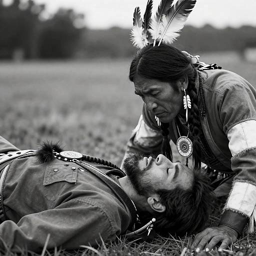 Native American Man Attending to Unconscious Man in Field