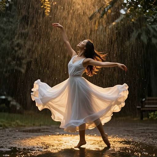 Photograph of a young woman in a flowing white dress, dancing joyfully in the rain, with sunlight illuminating her silhouette.