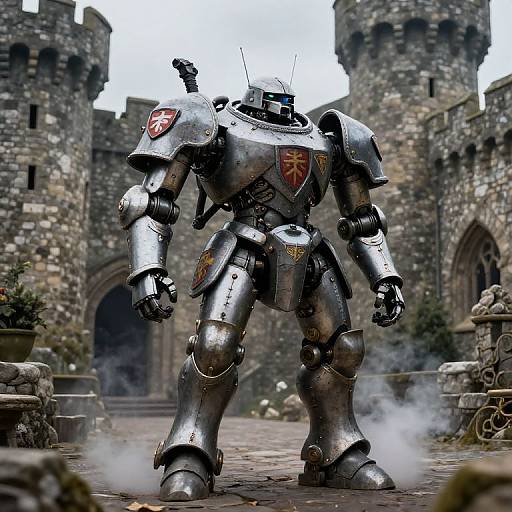 Medieval Mech Guarding Castle Courtyard