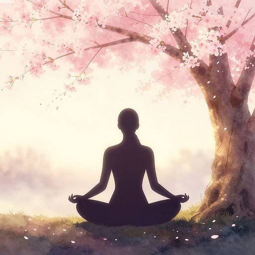 Silhouetted woman in lotus pose under glowing cherry blossom tree, petals gently falling, serene and peaceful, digital art.