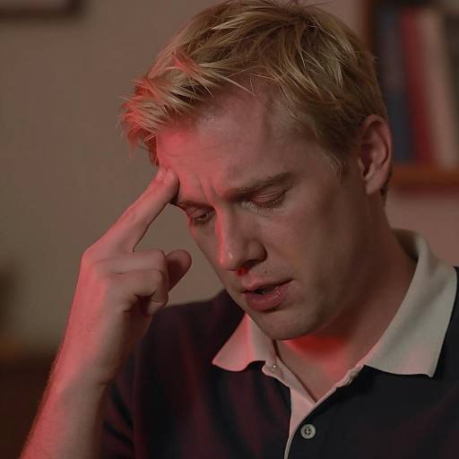Blonde Man Rubbing Temple in Discomfort
