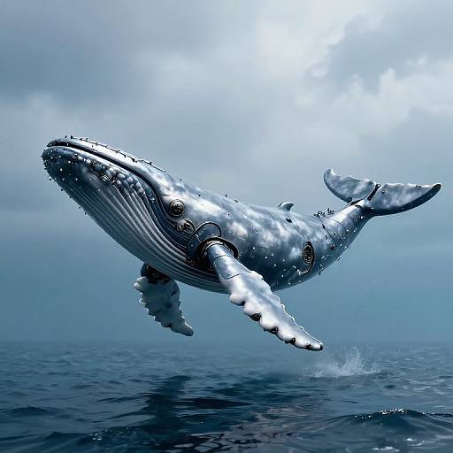 Digital artwork of a metallic, futuristic blue whale leaping out of a calm ocean, with a cloudy sky in the background.