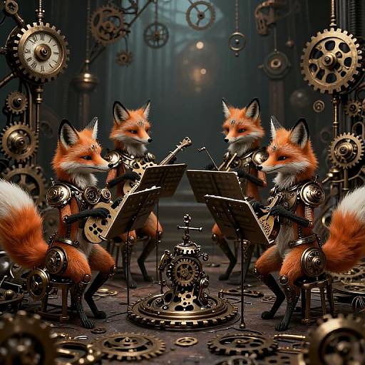 Digital artwork of four anthropomorphic foxes playing orchestral instruments amidst a steampunk background of intricate gears and clockwork machinery.