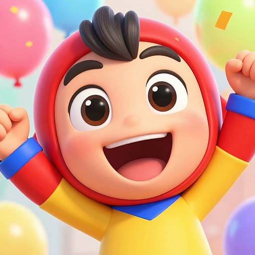Colorful CGI illustration of a joyful, cartoon boy with large eyes, black hair, red hood, yellow-blue outfit, arms raised, smiling widely,