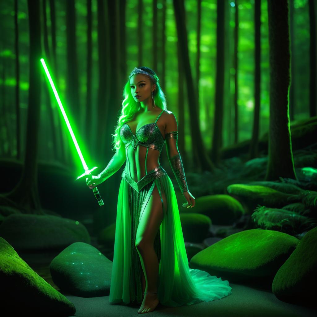 Enchanting Mermaid with Lightsaber in Forest