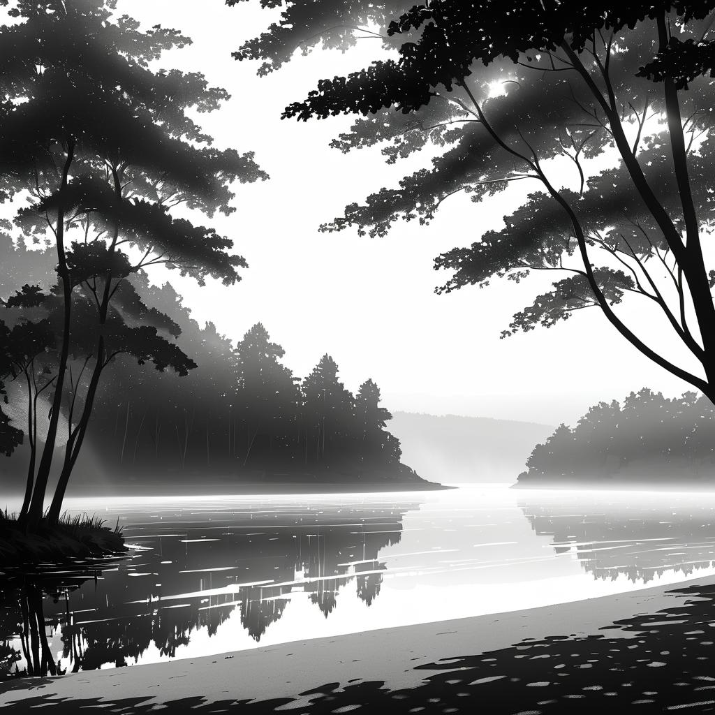 Serene Lakeshore in Tranquil Monochrome