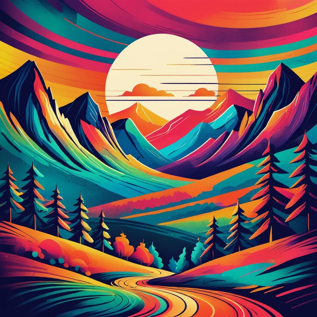 Vibrant Retro Mountain Landscape Art