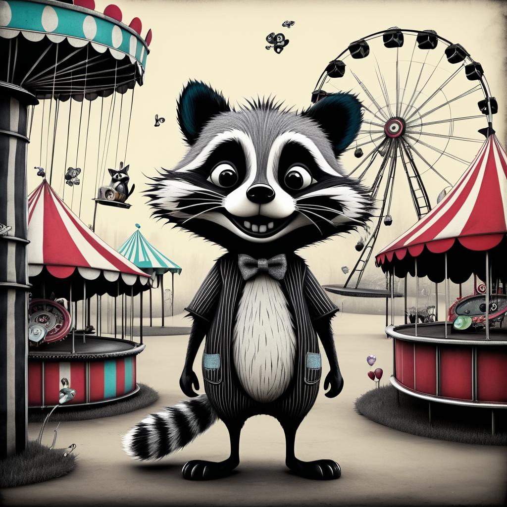 Whimsical Raccoon in Abandoned Funfair