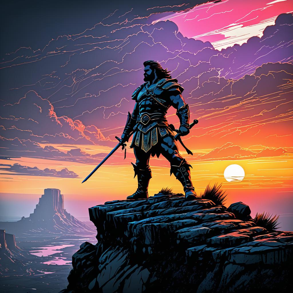 Fantasy Warrior at Sunset Cliff Scene