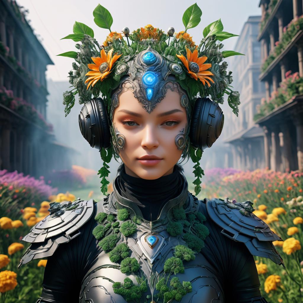 Epic Floral Warrior in Post-Apocalyptic City